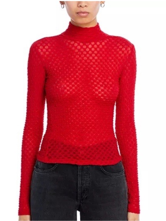 Frame Denim Tops - Frame Cherry Red Sheer Mesh Lace Sheer Turtleneck Long Sleeve Top | XS